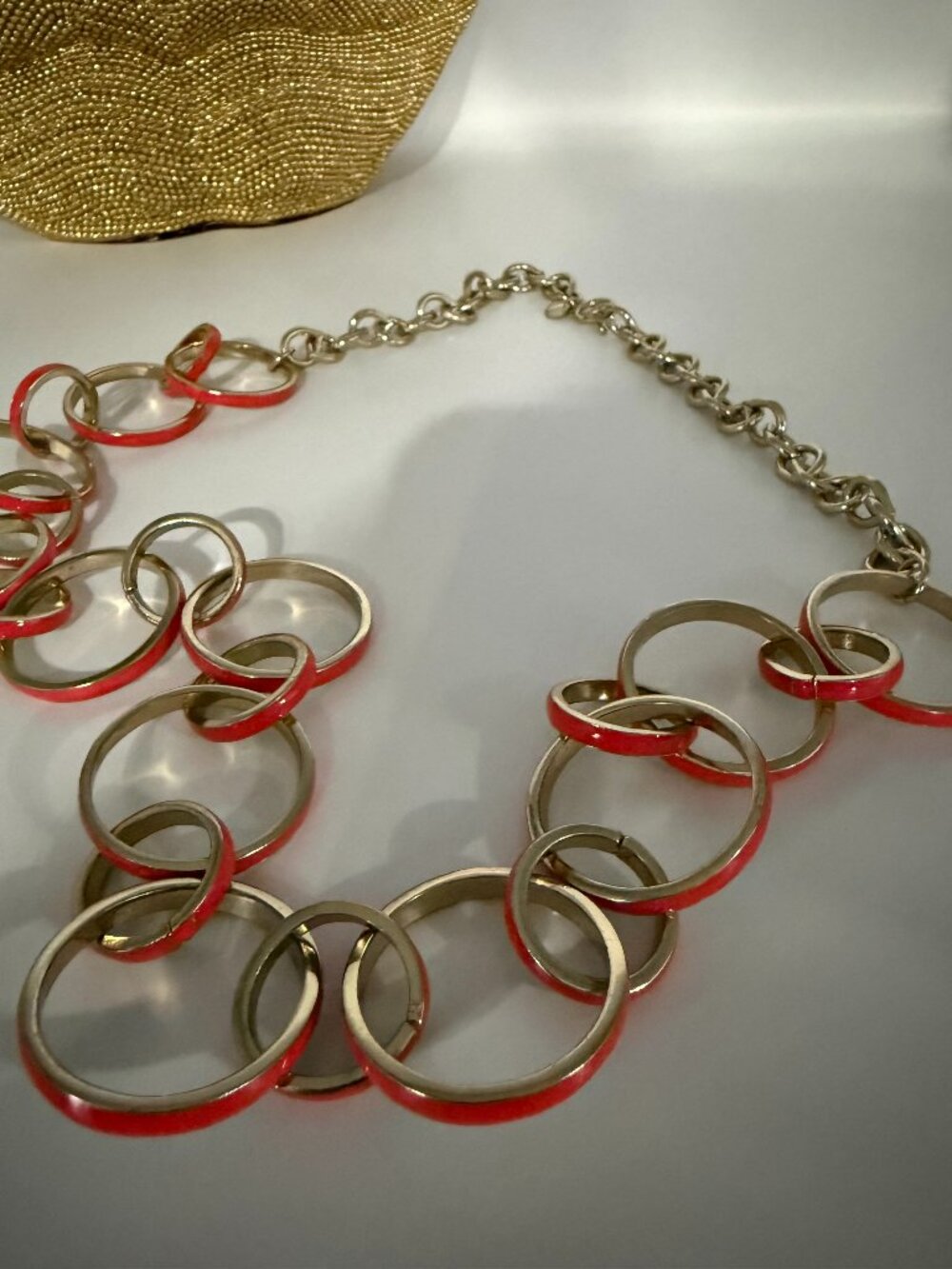 Talbots Gold Tone Coral Enamel Circle Link Statement Necklace